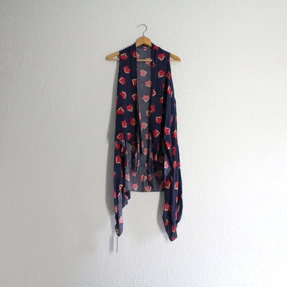 Fashion Vest Shawl navy cute pink fox print Sleeveless layer top OS one size - Picture 2 of 9